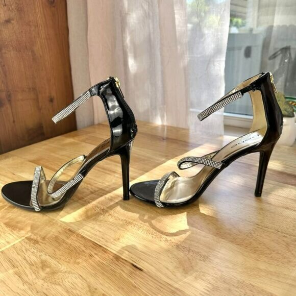 Bebe Black Women's High Heel Janae Strappy Pump w/ Rhinestones Size 8 - Picture 4 of 10